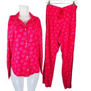 Victoria Secret Red Pink Roses Winter Warm 2 Piece Pajama Set Women L